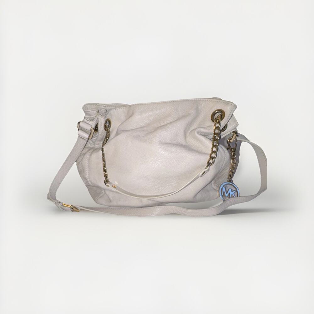 Michael‎ Kors Ivory Pebbled Leather Satchel Gold Hardware Chain Logo Charm